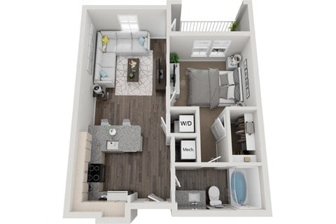 Floor plan for 1 bed, 1 bath, 631 sqft